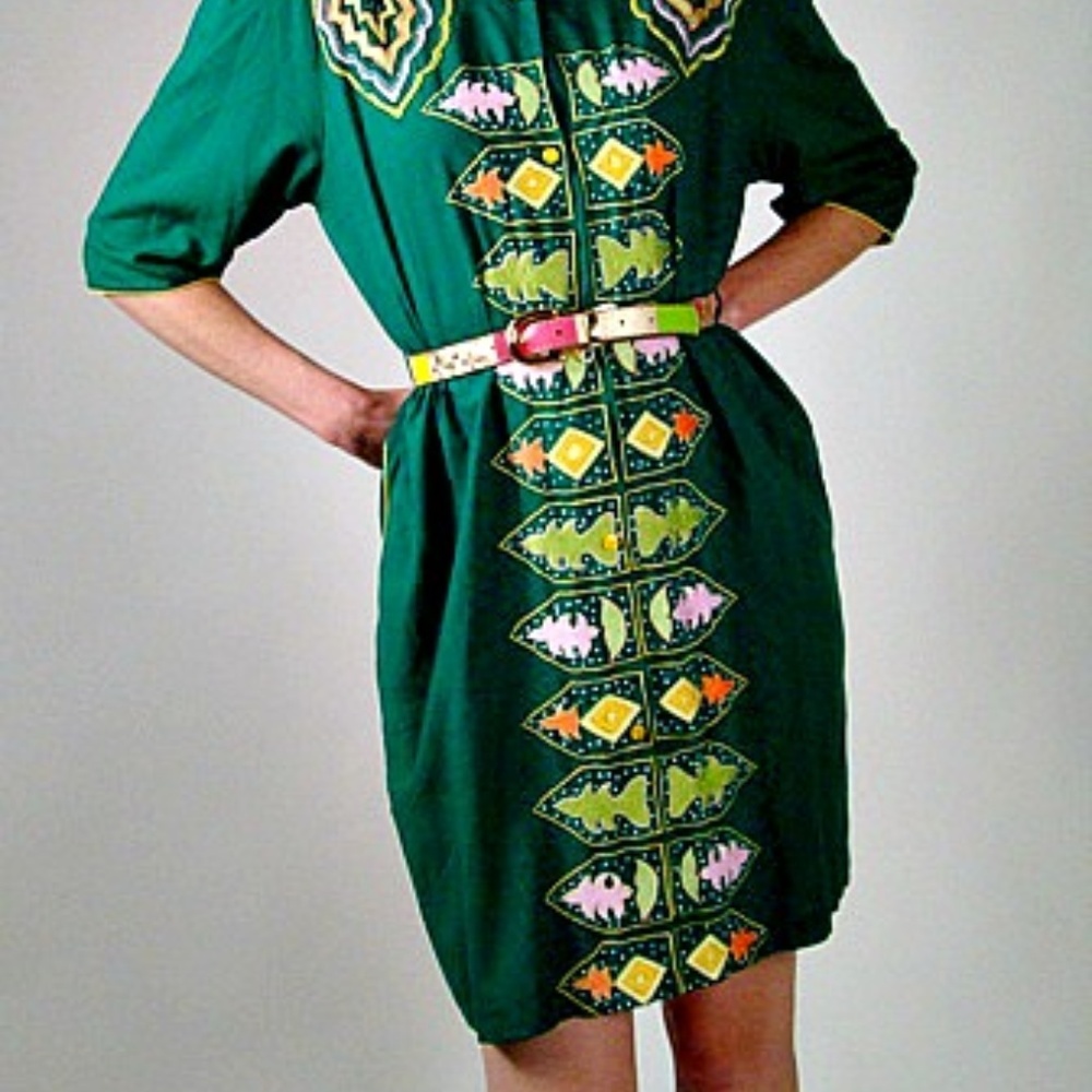 Vintage 80s Boho Green Embroidered Dress Size Large Cotton Blend Style - Picture 5 of 5